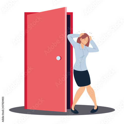 businesswoman cartoon with headache and door vector design