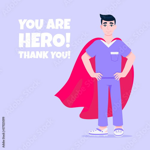 Young male nurse hospital medical employee with hero cape behind fights against diseases and viruses on frontline flat style vector illustration. Future doctor or surgeon medical clinic staff new hero