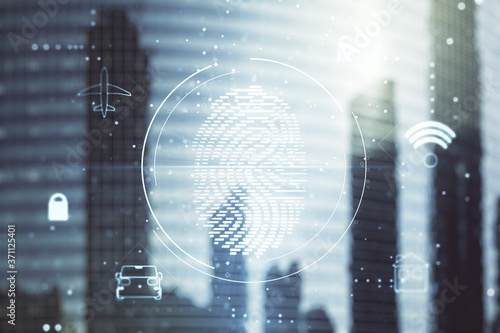 Multi exposure of virtual creative fingerprint hologram on modern skyscrapers background  personal biometric data concept