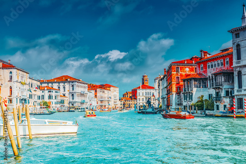 VENICE, ITALY - MAY 12, 2017 :Views of the most beautiful canal of Venice - Grand Canal water streets, boats, gondolas, mansions along. Italy.