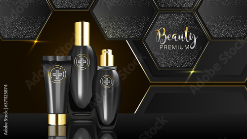 Beauty product ad design, black cosmetic containers with collagen solution advertising background ready to use, luxury skin care banner, illustration vector.