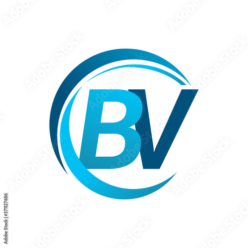 initial letter BV logotype company name blue circle and swoosh design. vector logo for business and company identity.