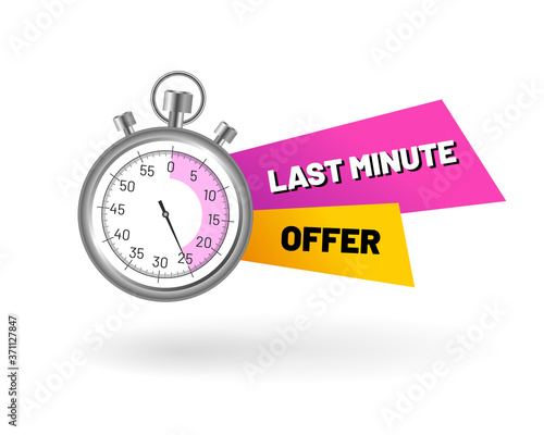 Last minute offer stopwatch countdown. Special offer advertising banner, poster, flyer for shop, online store. Business limited special promotion flat vector illustration isolated on white background