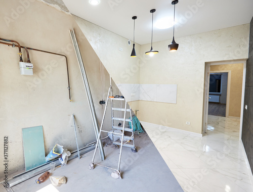 Quadro su tela Comparative building project of a kitchen, renovation works before and after, me