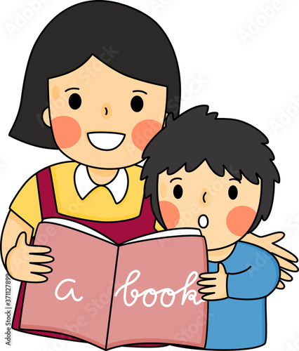 Cartoon of unconditional love between mother and boy are reading a book. Simple cute hand draw line vector and minimal icons flat style Character illustration.
