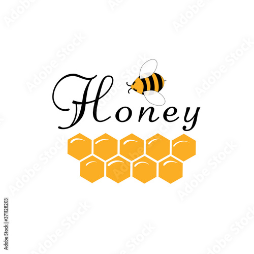 Title "Honey" with an icon of bees and honeycombs. Vector flat drawing of a bee in style.