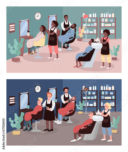 Hairdressers flat color vector illustration set. Beauty salons. Hairdressing. Customers at hair salon and barbershop 2D cartoon characters with furniture on background collection