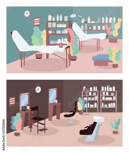 Beauty parlor flat color vector illustration set. Skincare center. Beauty salon interior. Cosmetology and hair salons. 2D cartoon character with furnitures on background collection