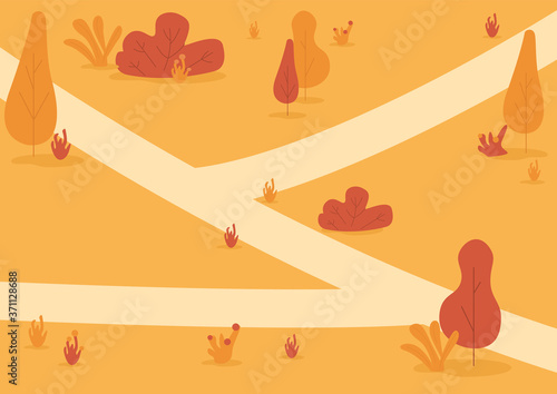Autumn park flat color vector illustration. Fall nature. Public recreation area with orange shrubs and paths. Environment. Autumn pathways 2D cartoon landscape with trees on background