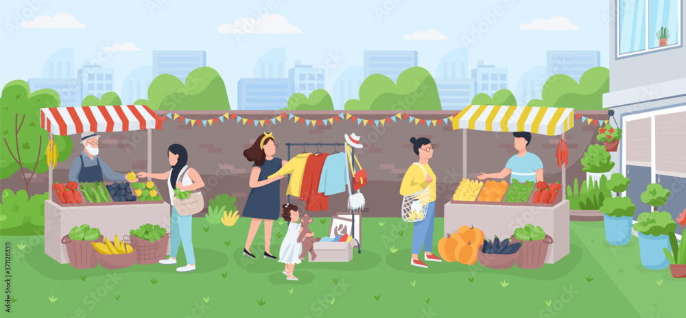 Urban farmer market flat color vector illustration. Sellers counters with  clothes and food. Family buy organic vegetables. City marketplace 2D cartoon  landscape with characters on background Stock Vector | Adobe Stock