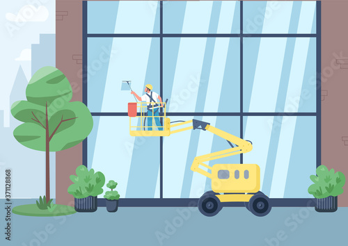 Building windows cleaning flat color vector illustration. Professional cleaner on lift 2D cartoon character with city on background. Commercial janitorial service, office exterior washing