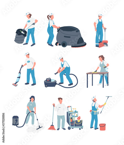 Janitors flat color vector faceless characters set. Cleaning business, housekeeping service. People with cleaning equipment isolated cartoon illustrations pack for web graphic design and animation