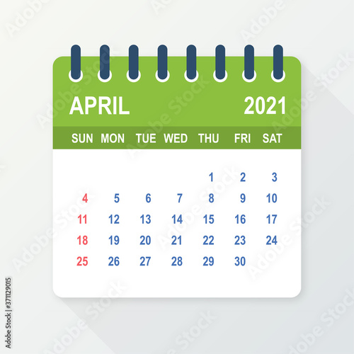 April 2021 Calendar Leaf. Calendar 2021 in flat style. Vector illustration.