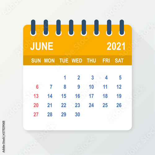 June 2021 Calendar Leaf. Calendar 2021 in flat style. Vector illustration.