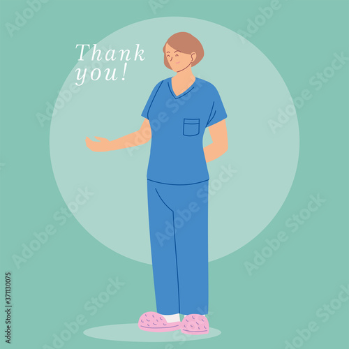 woman doctor with uniform and thank you text vector design