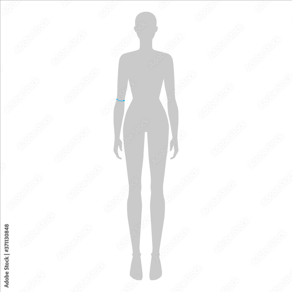 Women to do elbow measurement fashion Illustration for size chart. 7.5 head size girl for site or online shop. Human body infographic template for clothes. 