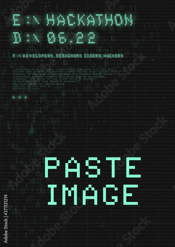 Hackathon poster. Retrowave cyberpunk style futuristic poster with 8-bit pixel glitch typography, binary code and copy space. Set of dates with numbers. Vector
