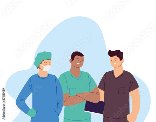 men doctors with mask and uniforms vector design