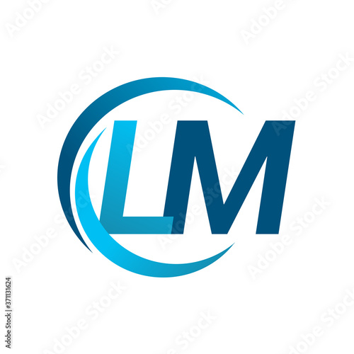 initial letter LM logotype company name blue circle and swoosh design. vector logo for business and company identity.