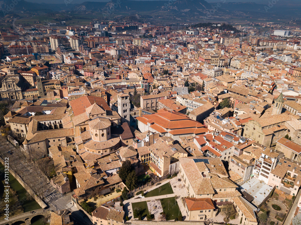 Panoramic view of historical district of Vic with view of mountains, Catalonia, Spain.