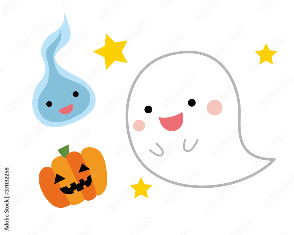 お化けと人魂とカボチャ ハロウィンのイラスト お化けと人魂とカボチャ ハロウィンのイラスト