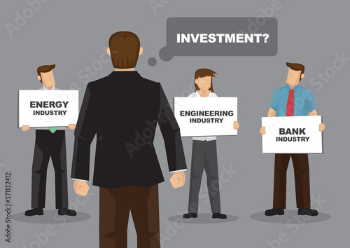 Cartoon boss demand his employee for investment ideas and getting different option.