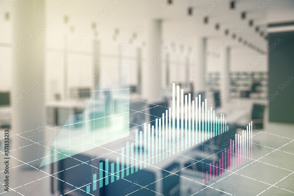 Multi exposure of virtual creative financial chart hologram on modern corporate office background, research and analytics concept Multi exposure of virtual creative financial chart hologram on modern corporate office background, research and analytics concept