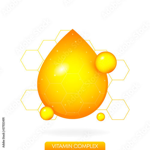 Golden a drop vitamin on white background. Realistic object. Isolated background. Vector design illustration.