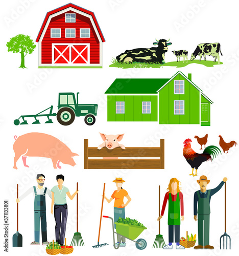 Landwirtschaft motive mit Bauern und Tieren, isoliert. Vektor Illustration