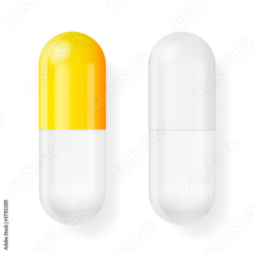 3d pill mock up on white backdrop. Isolated 3d vector. White background. Realistic 3d objects. Vector illustration.