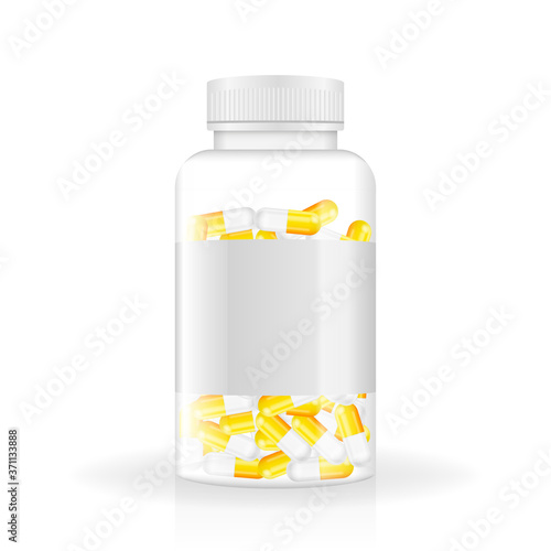 3d bottle with pill mock up on white backdrop. Isolated 3d vector. White background. Realistic 3d objects. Vector illustration.