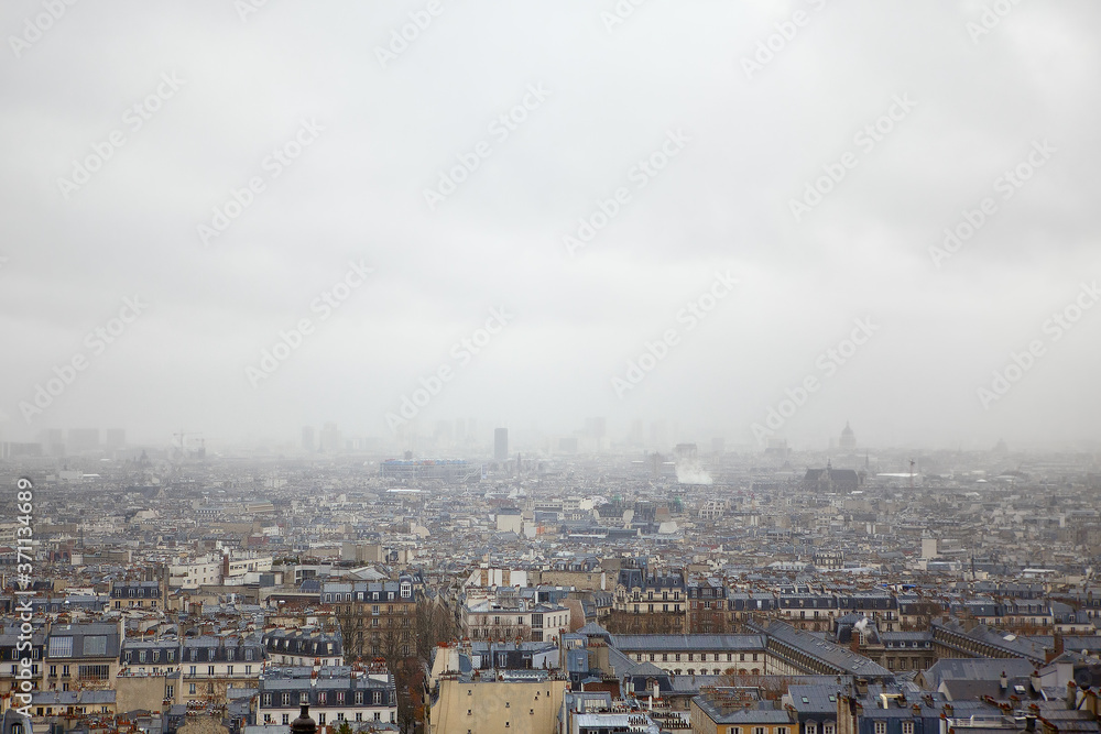 Paris city panorama in the foggy day 