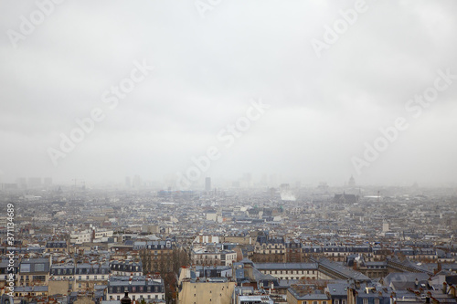 Paris city panorama in the foggy day 