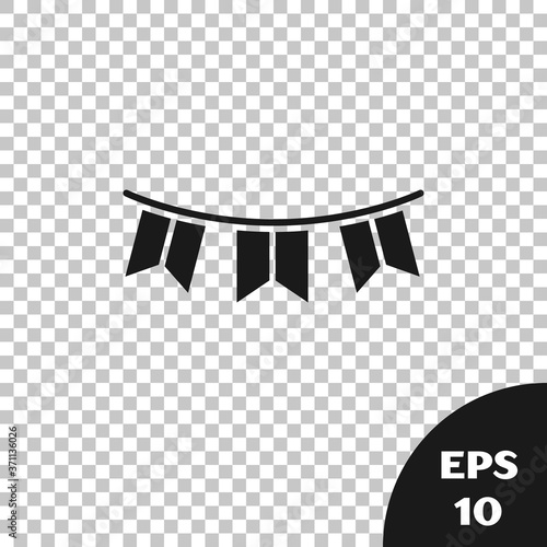 Black Carnival garland with flags icon isolated on transparent background. Party pennants for birthday celebration, festival decoration. Vector.