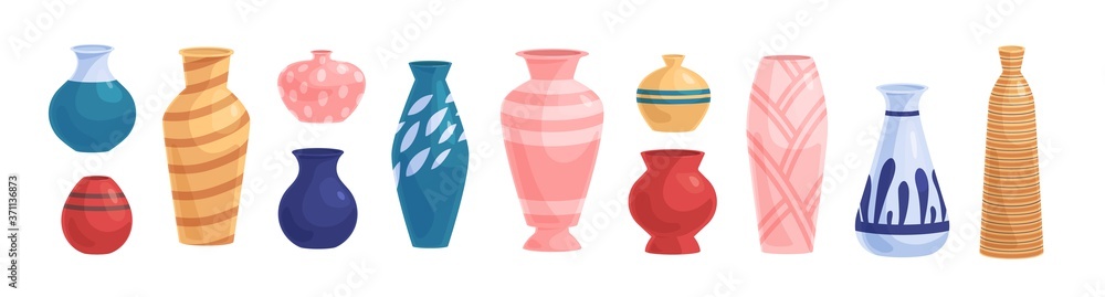 Set of different pottery, clay crockery. Oriental, turkish, modern pot and flower vases of various sizes, shapes. Home decoration object. Flat vector cartoon illustration isolated on white background