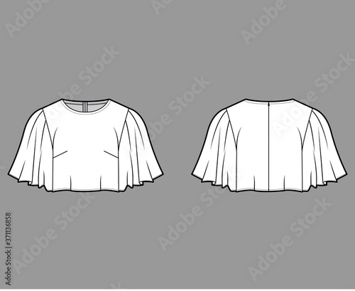 Cropped top technical fashion illustration with flare elbow circle sleeve, oversized, back concealed zip fastening. Flat apparel shirt template front, back, white color. Women men unisex blouse mockup