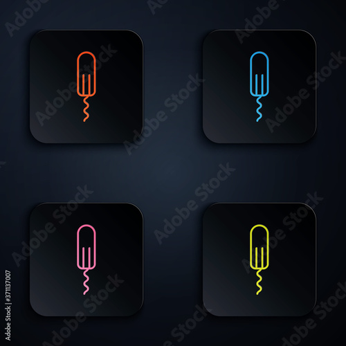 Color neon line Menstruation and sanitary tampon icon isolated on black background. Feminine hygiene product. Set icons in square buttons. Vector Illustration.