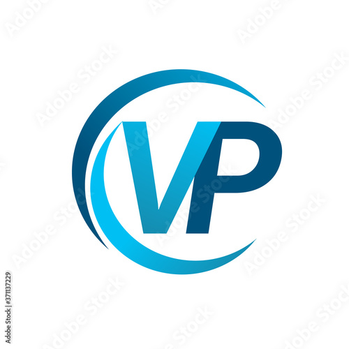 initial letter VP logotype company name blue circle and swoosh design. vector logo for business and company identity.