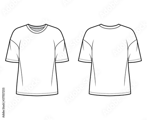 Cotton-jersey t-shirt technical fashion illustration with crew neckline, elbow sleeves, dropped shoulders. Flat outwear basic apparel template front, back, white color. Women men unisex top CAD mockup