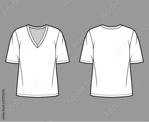 Cotton-jersey t-shirt technical fashion illustration with plunging V-neckline, elbow sleeves, oversized. Flat outwear basic apparel template front back white color. Women men unisex top CAD mockup