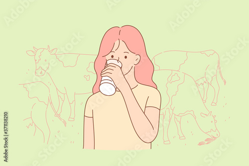 Health, care, drink, nature, farming concept. Young happy smiling child kid girl cartoon character drinking cow fresh milk organic product on farm. Healthy nutrition and rural lifestyle illustration.