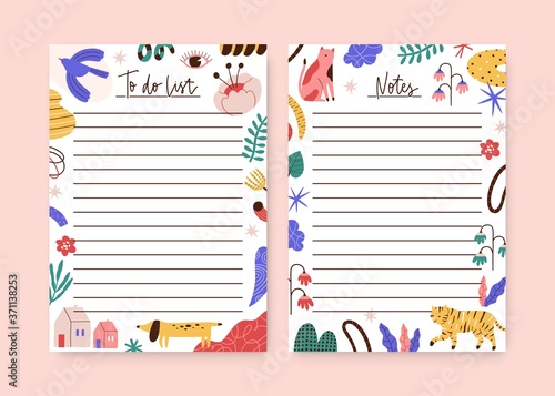 Set of childish notebook, organizer, planner memo page design template. To do list, agenda decorated of cute animals, plants, trendy curve shapes. Flat vector cartoon illustration on white background