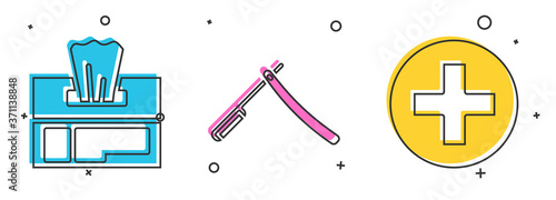 Set Wet wipe pack, Straight razor and Cross hospital medical icon. Vector.