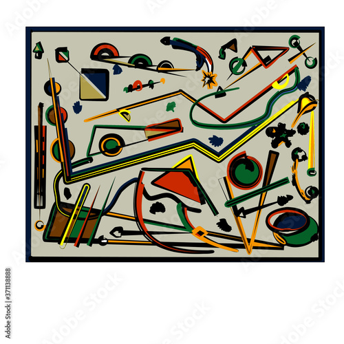 Abstract  gray  background ,fancy  geometric and curved colorful shapes , expressionism art style