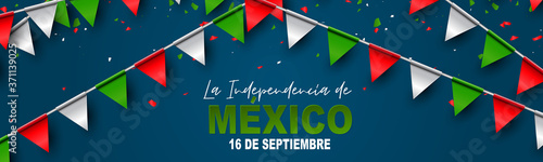 Mexico Independence Day banner or header. 16 September national holiday. Patriotic design concept. Green, white, and red Mexican bunting flags. Vector illustration.