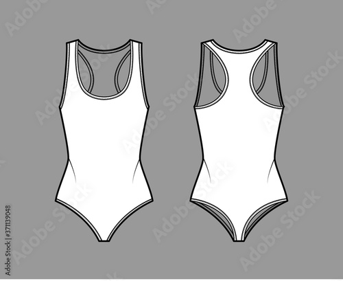 Cotton-jersey thong bodysuit technical fashion illustration with racer-back, deep U-neckline. Flat outwear one-piece apparel template front, back, white color. Women men unisex swimsuit CAD mockup. 