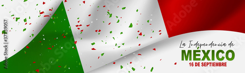 Mexico Independence Day banner. 16 September national holiday. Green, white, and red Mexican flag. Lettering in Spanish. Vector illustration.