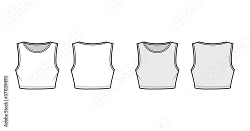 Under bust crop top technical fashion illustration with slim fit, crew neckline cotton-jersey tank. Flat outwear camisole apparel template front, back, white, grey color. Women men unisex shirt CAD
