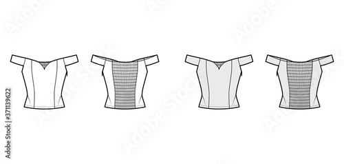 Off-the-shoulder shirred top technical fashion illustration with sweetheart neck, close fit, corset-inspired, shirred back. Flat apparel template front, back, white grey color. Women men unisex shirt 