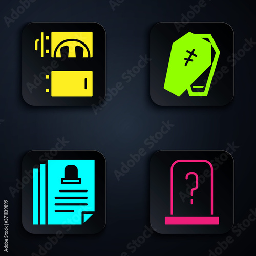 Set Grave with tombstone, Crematorium, Death certificate and Coffin with cross. Black square button. Vector.
